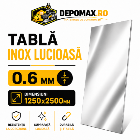 Tabla inox lucioasa BA, 0.6 x 1250 x 2500 mm, 3.125 mp